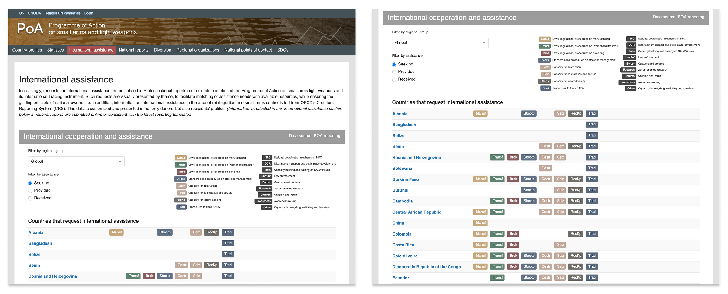 Two screens of the public facing website
